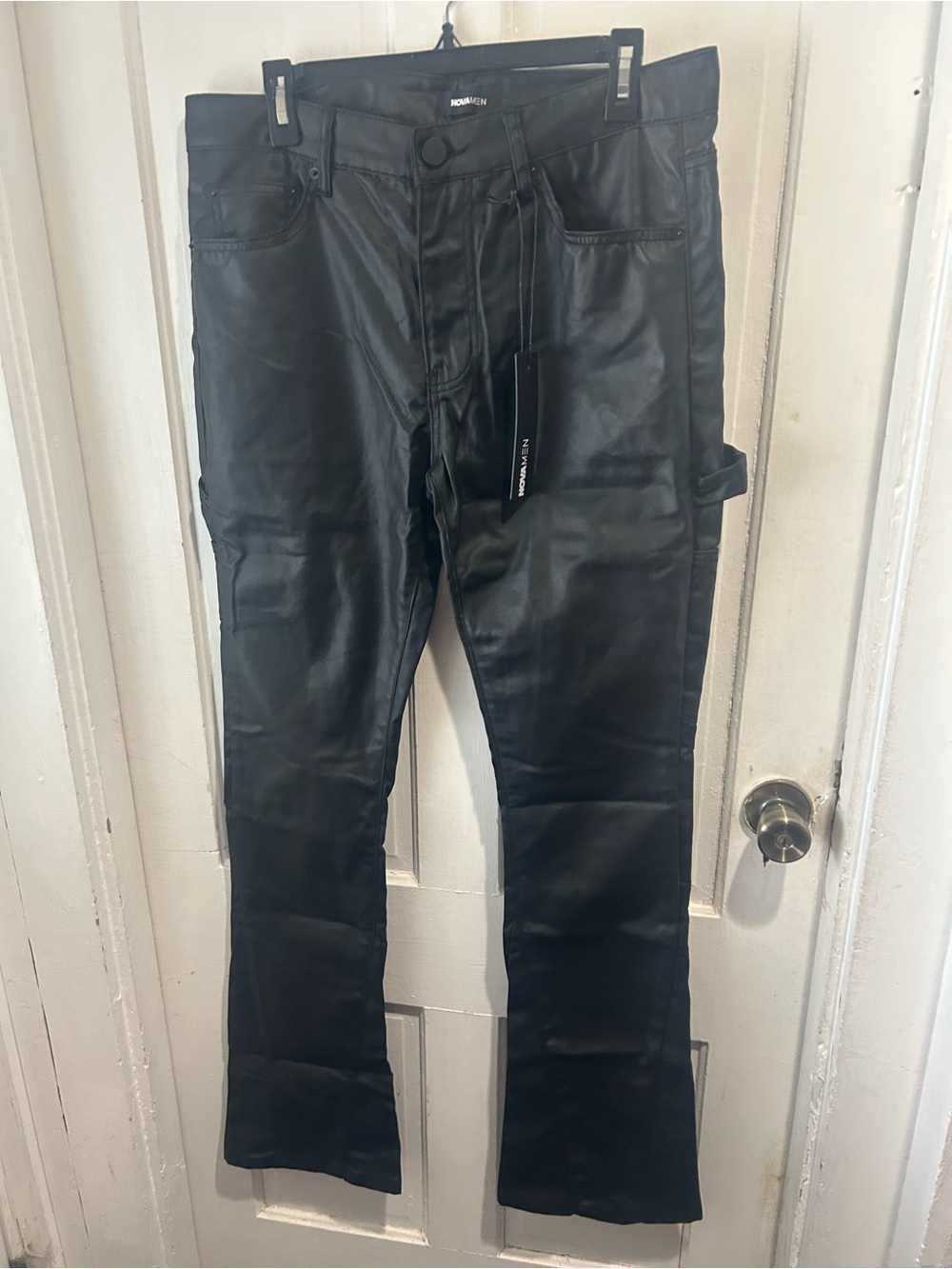 Black Faux Leather Cargo Pants for Men